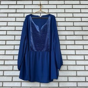 Woman Within 5X Blue Velvet Panel Long Sleeve Tunic Top Boho Luxe Holiday Party
